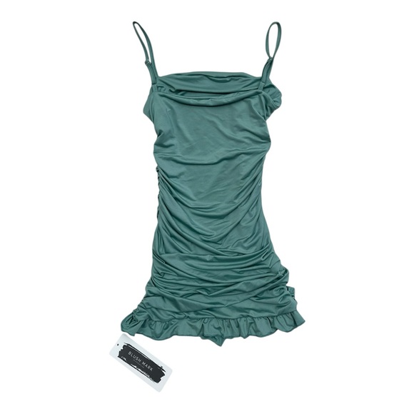 Blush Mark Mint/Blue Sleeveless Ruched Mini Dress Ruffle Hem NWT - M - Picture 5 of 5